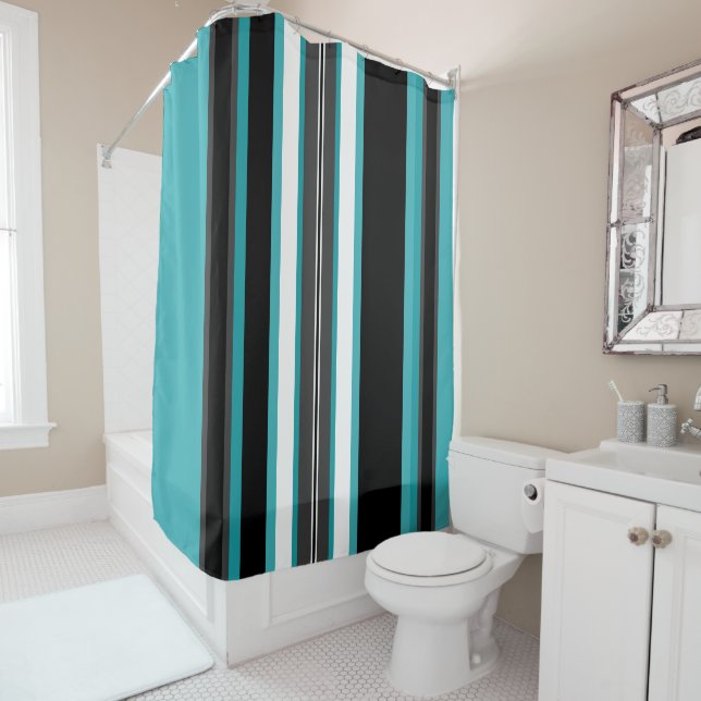 Turquoise and Black Stripes  Shower Curtain (In Situ)