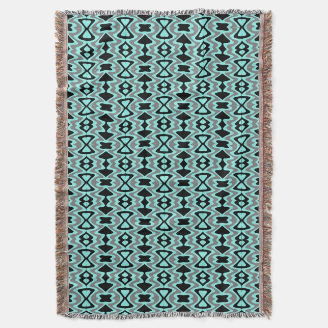 Turquoise and Black Unique Pattern Throw Blanket (Front Vertical)
