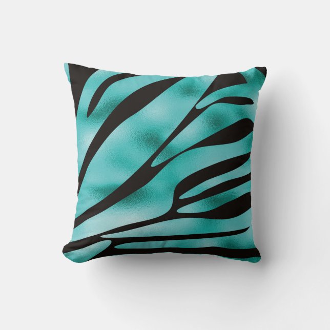 Turquoise and Black Zebra Animal Stripes Cushion (Front)