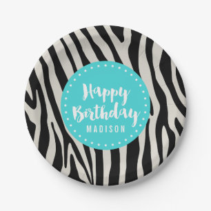 Turquoise and Black Zebra Stripe Birthday Party Paper Plate