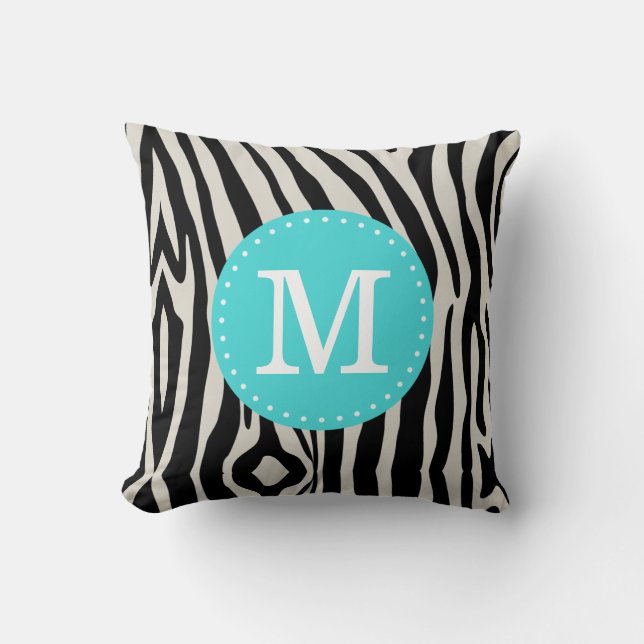 Turquoise and Black Zebra Stripe Custom Monogram Cushion (Front)