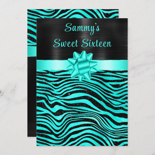 Turquoise and Black Zebra Stripes Sweet Sixteen Invitation (Front/Back)