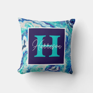 Turquoise and Blue Marble Monogram Name Beach Cushion