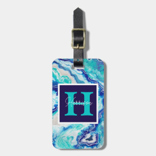 Turquoise and Blue Marble Monogram Name Beach Luggage Tag