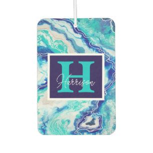 Turquoise and Blue Marble Monogram Name Beachy Car Air Freshener
