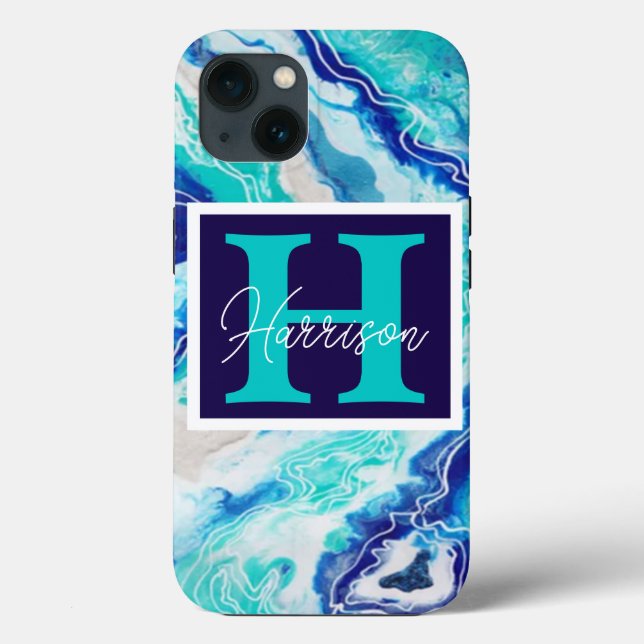 Turquoise and Blue Marble Monogram Name Beachy Case-Mate iPhone Case (Back)