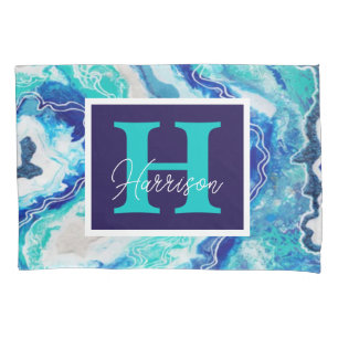 Turquoise and Blue Marble Monogram Name Beachy Pillowcase