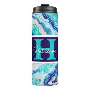 Turquoise and Blue Marble Monogram Name Beachy Thermal Tumbler