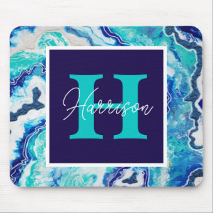 Turquoise and Blue Marble Monogram Name   Mouse Mat