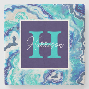 Turquoise and Blue Marble Monogram Name  Trendy Stone Coaster