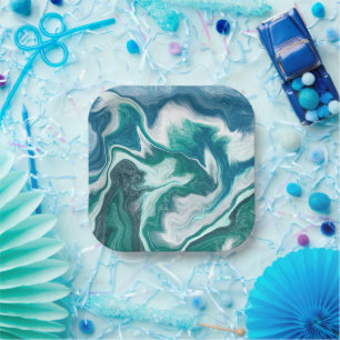 Turquoise and Blue Ocean Wave Swirls  Paper Plate