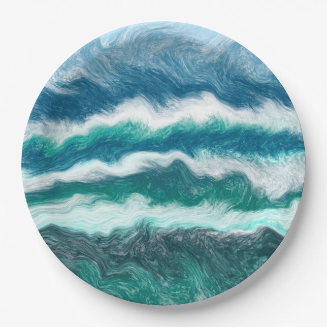 Turquoise and Blue Ocean Waves  Paper Plate (Front)
