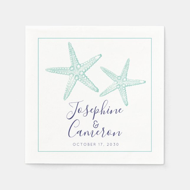 Turquoise and Blue Starfish Custom Cocktail Napkin (Front)