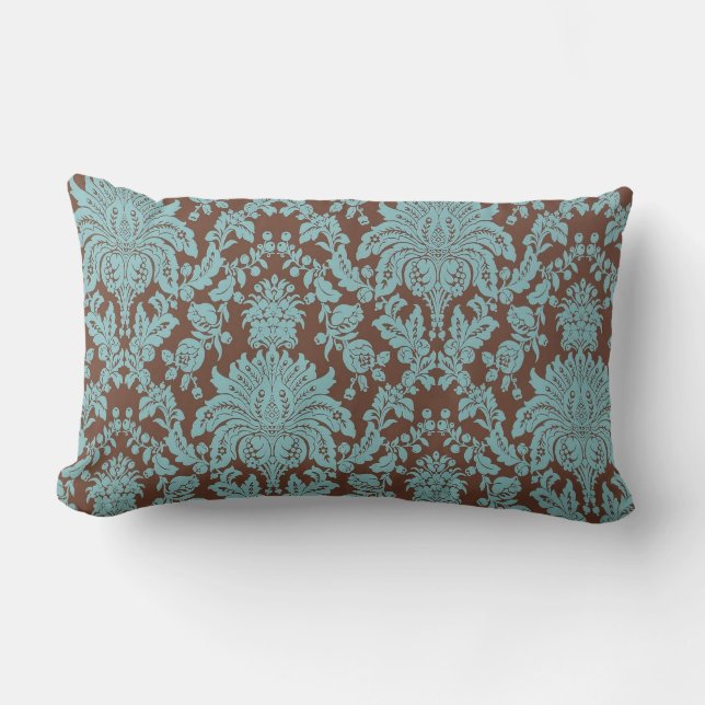 Turquoise and Brown Damask Lumbar Cushion (Front)