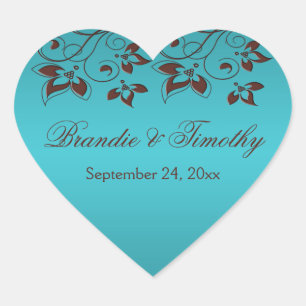 Turquoise and Brown Floral Heart Shaped Sticker
