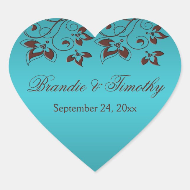 Turquoise and Brown Floral Heart Shaped Sticker (Front)