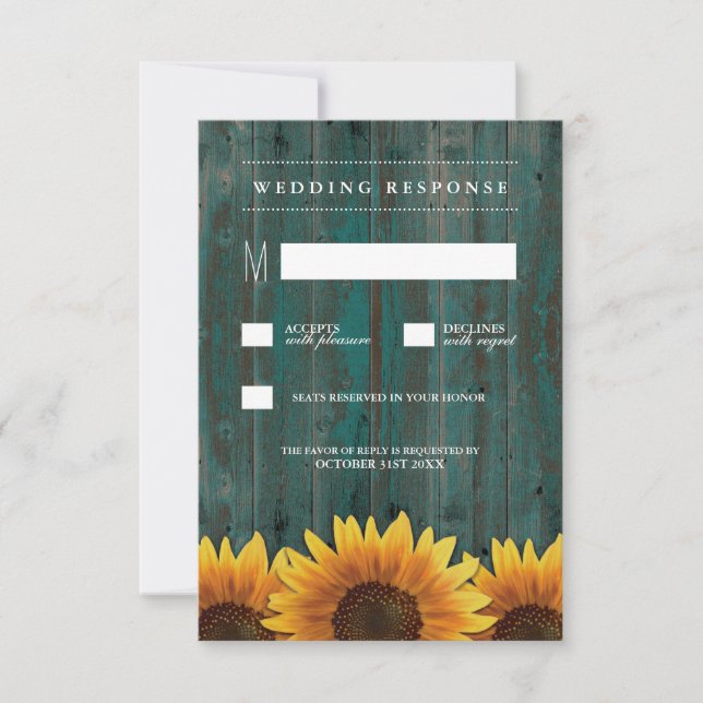 Turquoise and Brown Sunflower Wedding RSVP Cards (Front)