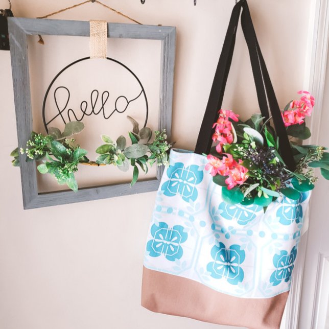 Turquoise and Brown Tile Design Name Tote Bag (Creator Uploaded)