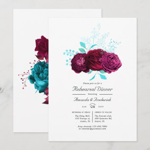Turquoise and Burgundy Floral Rehearsal Dinner Invitation