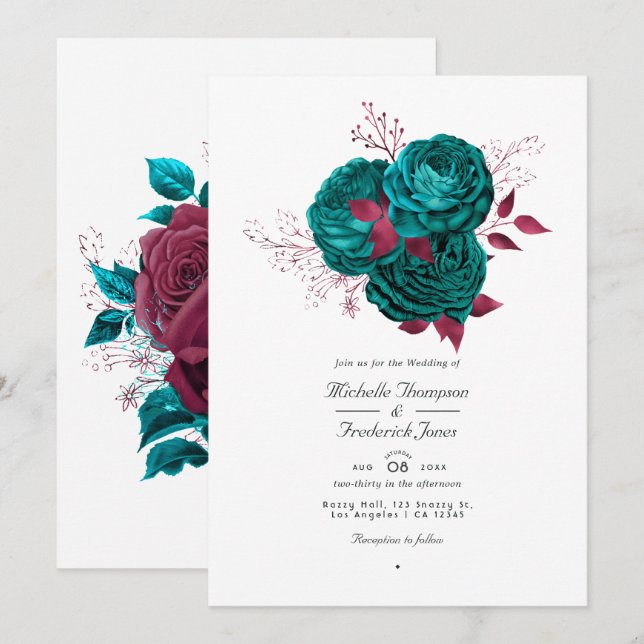 Turquoise and Burgundy Floral Wedding Invitation (Front/Back)