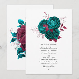 Turquoise and Burgundy Floral Wedding Invitation