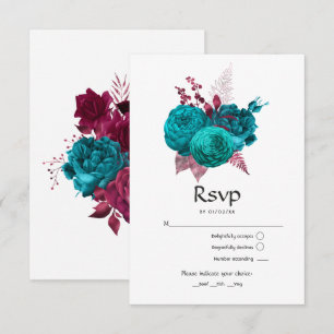 Turquoise and Burgundy Floral Wedding RSVP Card