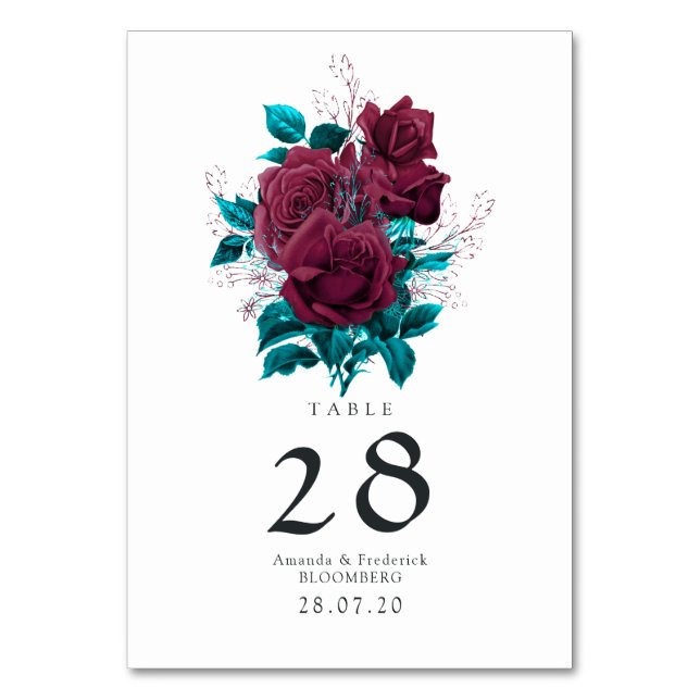 Turquoise and Burgundy Floral Wedding Table Number (Front)