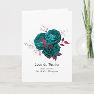 Turquoise and Burgundy Floral Wedding Thank You Card