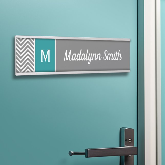 Turquoise and Charcoal Chevrons Custom Monogram Door Sign (Personalized Door Sign - Add Your Custom Text)