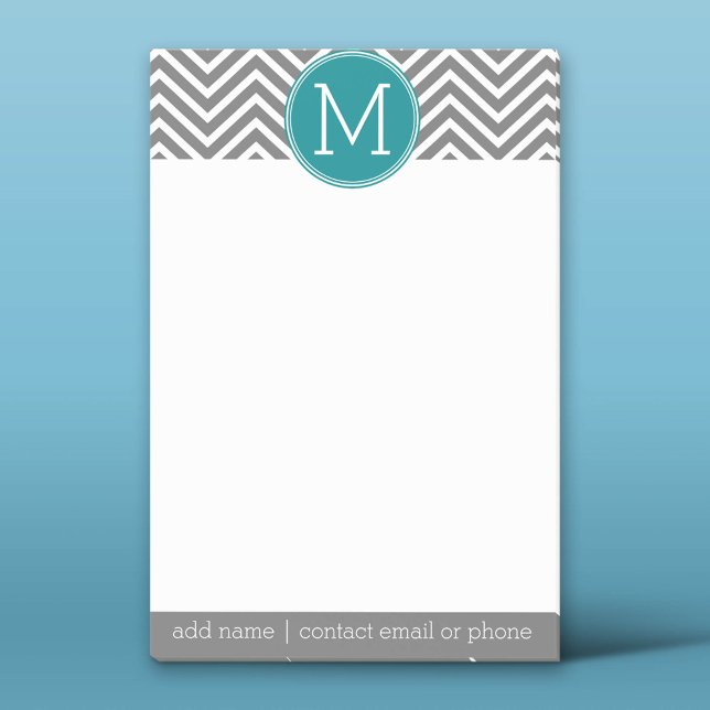 Turquoise and Charcoal Chevrons Custom Monogram Post-it Notes (Custom Post-it Notepad)