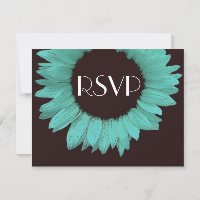 Turquoise and Chocolate Sunflower Wedding RSVP Card (Front)
