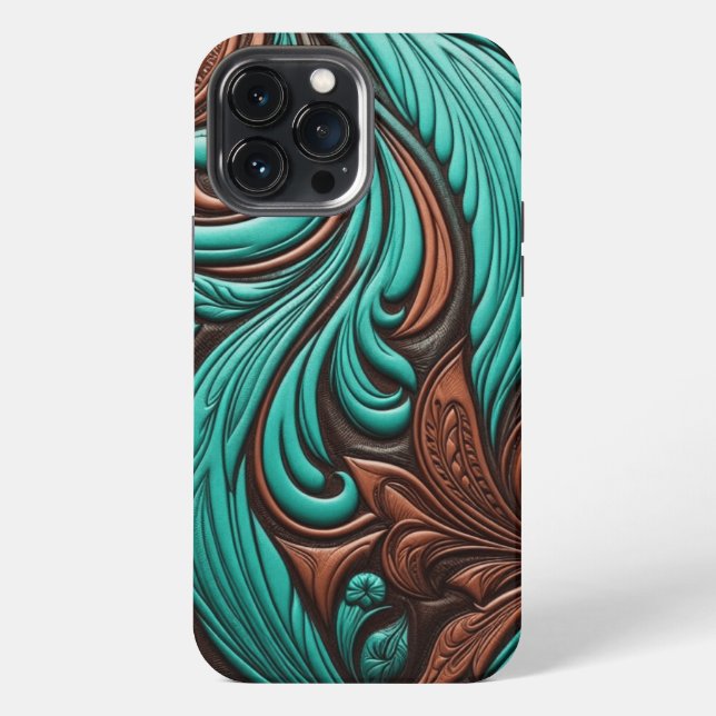 Turquoise and Chocolate Tooled Western Patterns iPhone Case (Back)