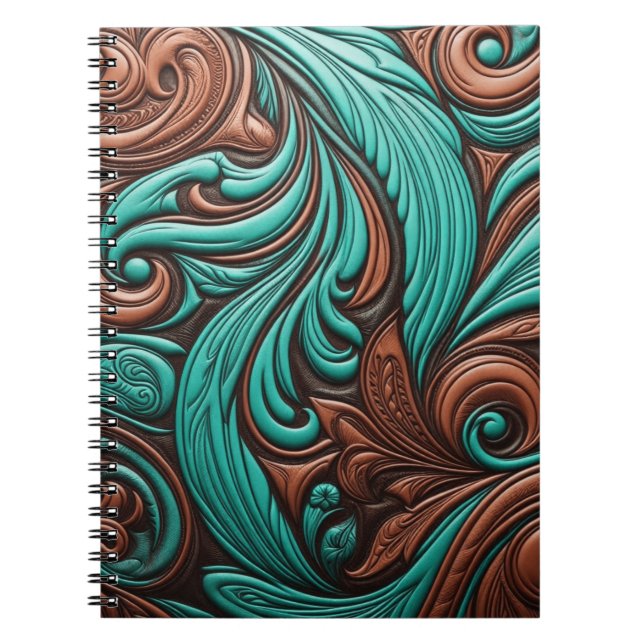 Turquoise and Chocolate Tooled Western Patterns Notebook (Front)
