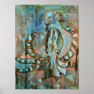 Turquoise and Copper Octopus Abstract Art Print 