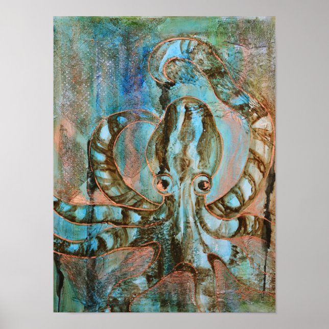 Turquoise and Copper Octopus Abstract Art Print  (Front)