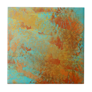 Turquoise and Copper-Red Abstract Tile