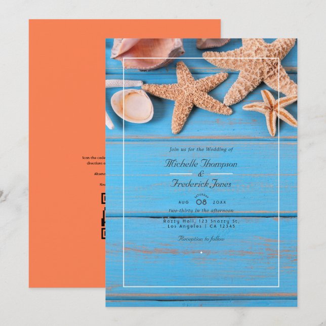Turquoise and Coral Beach QR Code RSVP Wedding Invitation (Front/Back)