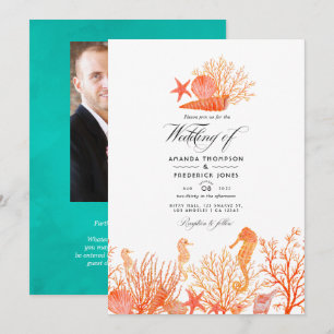 Turquoise and Coral Beach Wedding Photo Invitation