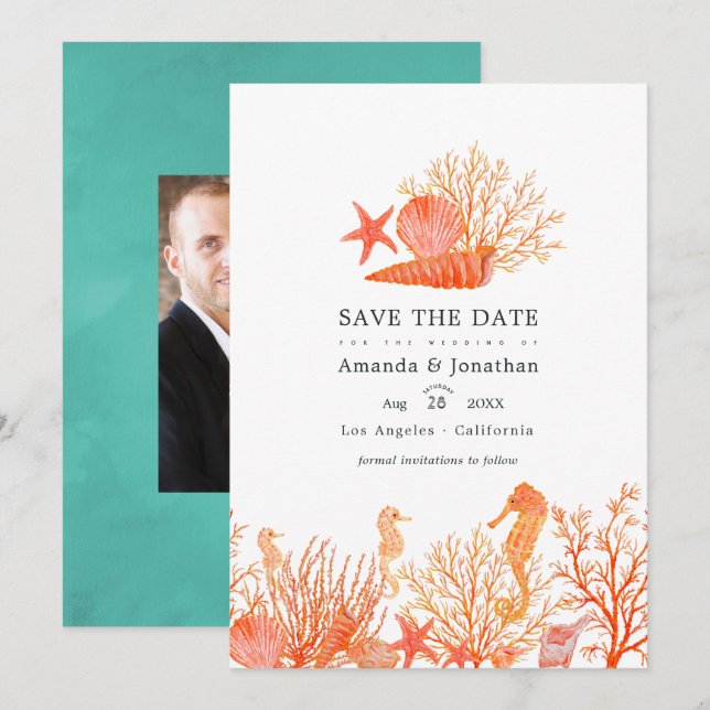 Turquoise and Coral Beach Wedding Photo Save The Date (Front/Back)