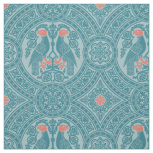 Turquoise and Coral Byzantine Birds Fabric