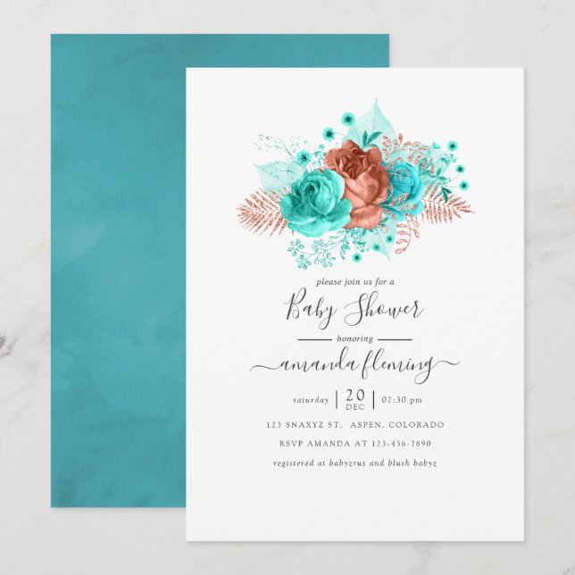 Turquoise and Coral Floral Baby Shower Invitation (Front/Back)