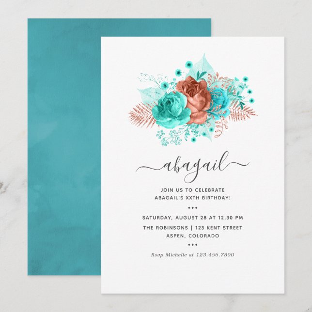 Turquoise and Coral Floral Birthday Invitation (Front/Back)