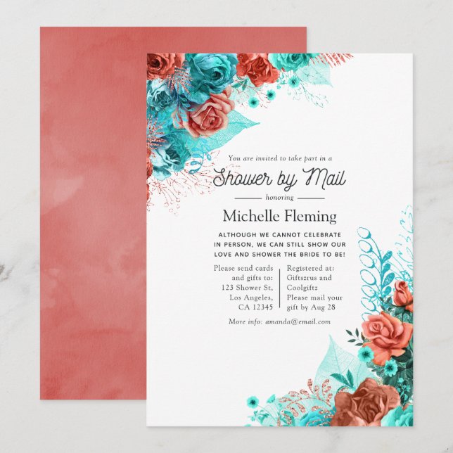 Turquoise and Coral Floral Bridal Shower by Mail Invitation (Front/Back)