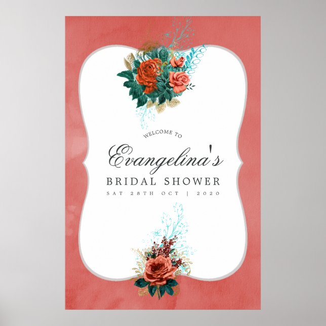 Turquoise and Coral Floral Bridal Shower Welcome Poster (Front)
