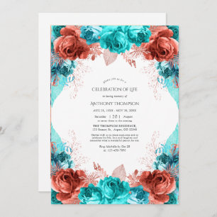 Turquoise and Coral Floral Celebration of Life Invitation