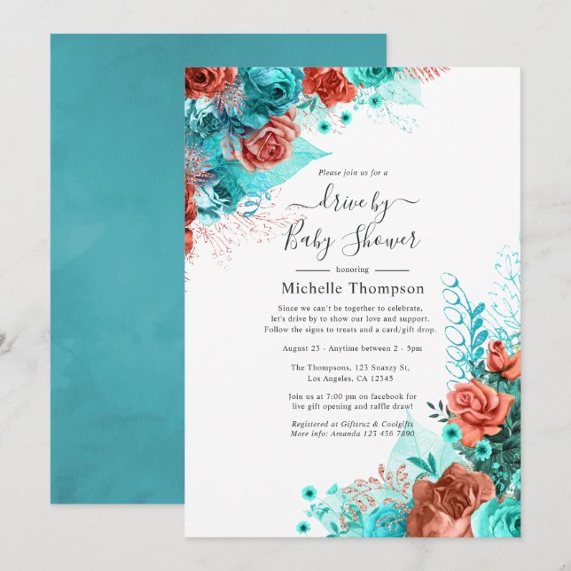 Turquoise and Coral Floral Drive By Shower Invitation (Front/Back)