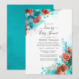 Turquoise and Coral Floral Drive By Shower Invitation