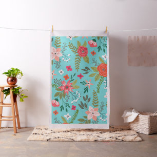 Turquoise and Coral Floral Pattern Fabric