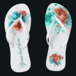 Turquoise and Coral Floral Tropical Wedding Favour Flip Flops<br><div class="desc">Turquoise and coral roses and tropical foliage summer wedding favours designed to be quickly and easily customised to your event specifics.</div>