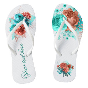 Turquoise and Coral Floral Tropical Wedding Favour Flip Flops